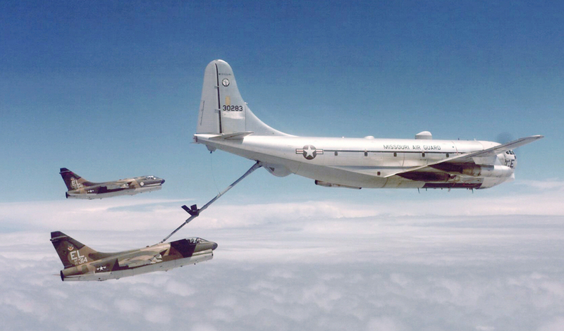 Boeing KC-97 Stratofreighter. Note the high angle of attack, or nose-up attitude, of the two Vought A-7D Corsair IIs as they struggle to hold station with the slower tanker. (US Air Force)
